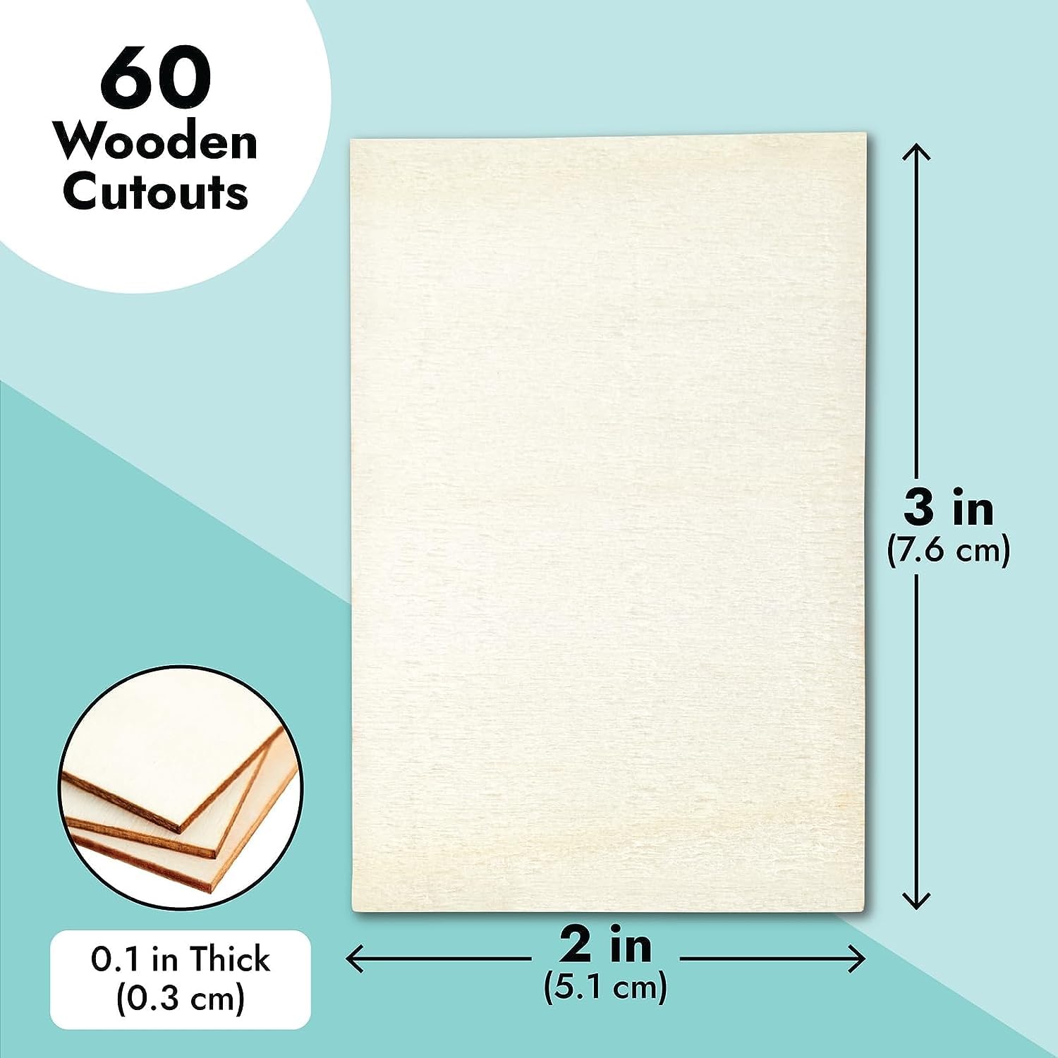 Packaging of 60 wooden cutouts with dimensions and thickness details on a blue background