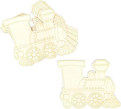 Wooden toy train cutouts on a white background