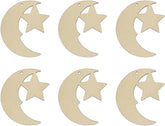 Set of six wooden moon and star shapes on a white background
