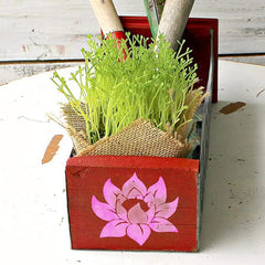 Red wooden planter with green plants and a pink lotus design on a white background