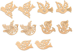 Wooden dove-shaped cutouts with intricate designs on a white background