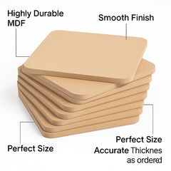 Stack of square wooden boards with text highlighting features on a white background