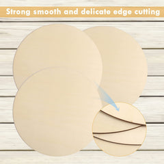 Round beige objects with a close-up of their edge on a wooden background, labeled 'Strong smooth and delicate edge cutting'.