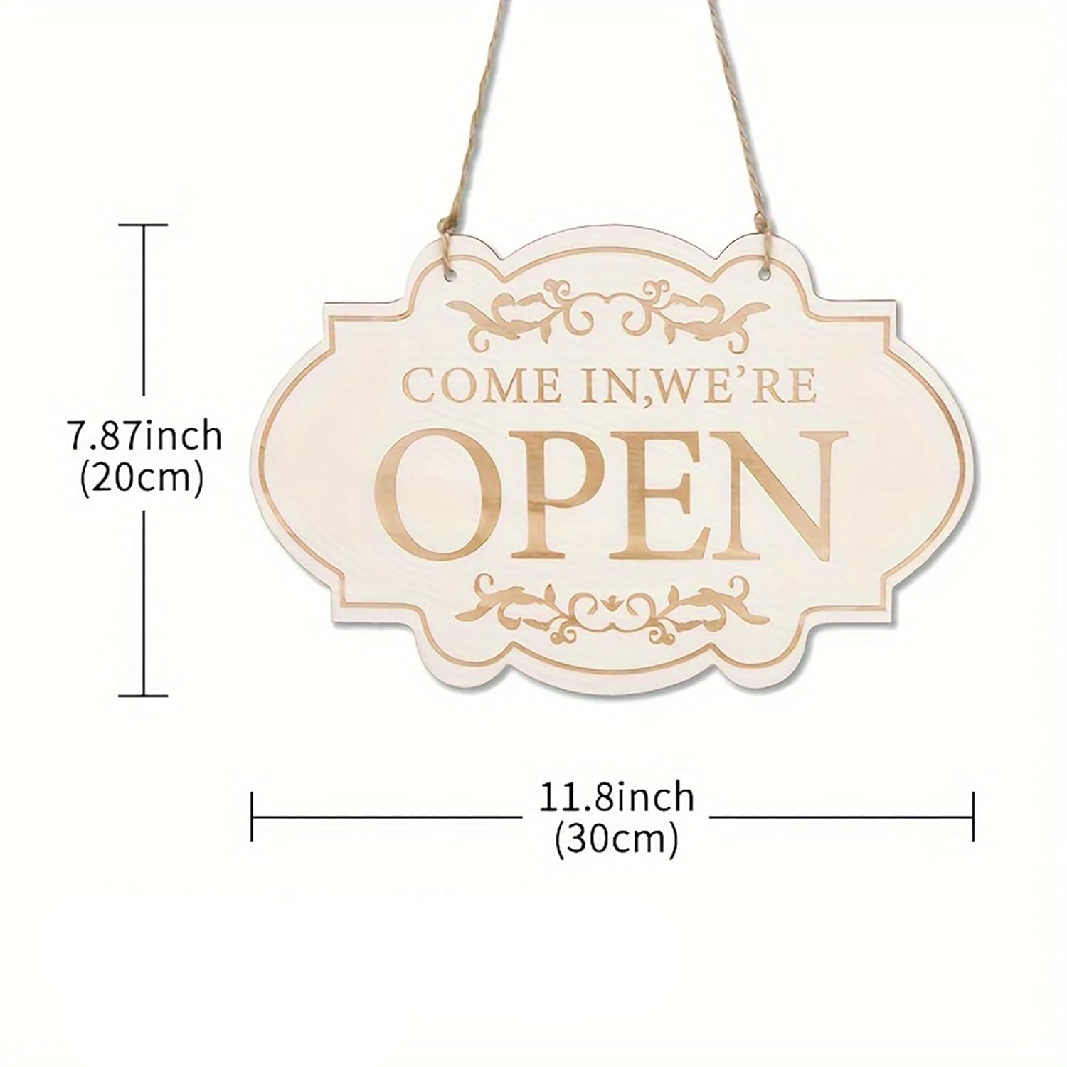 Decorative sign with 'Come in, we're open' text and measurements on a white background