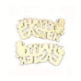 Two wooden 'Happy Easter' decorations on a white background