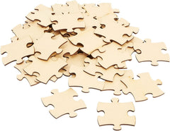Unfinished wooden puzzle pieces on a white background
