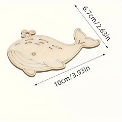 Wooden whale-shaped cutout with measurements on a white background