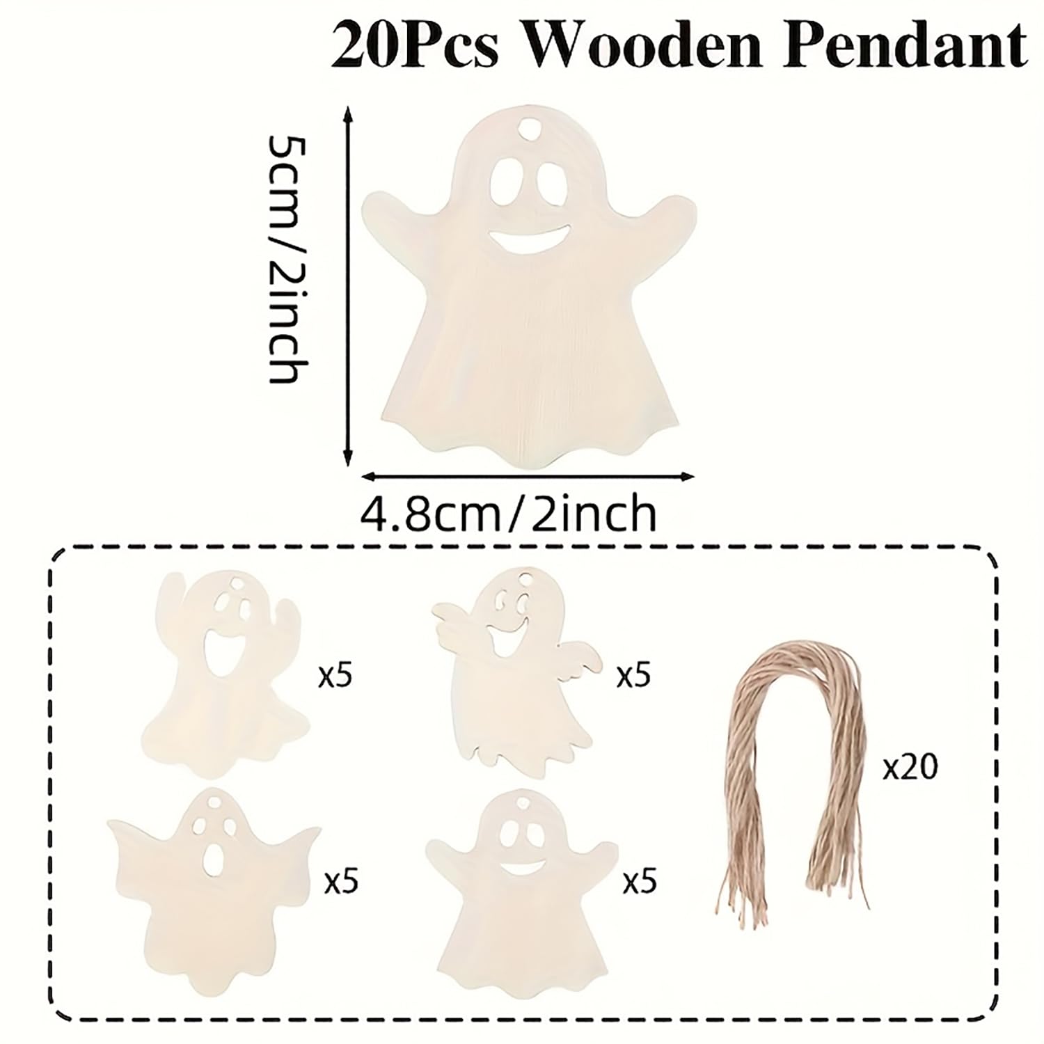 20 wooden ghost pendants with measurement details on a white background