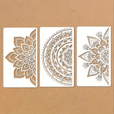 Three decorative stencils with intricate patterns on a beige background