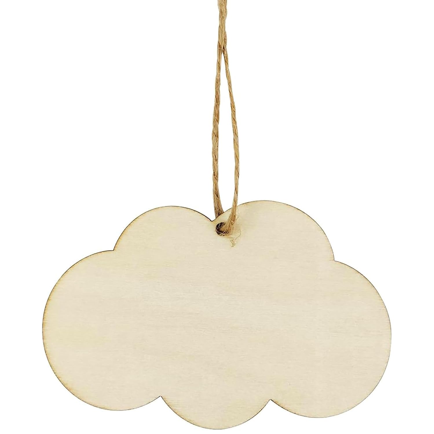 Wooden cloud-shaped sign with a string on a white background