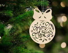 Decorative Christmas ornament with 'Merry Christmas' text on a tree