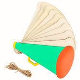 Colorful megaphone toy with a string on a white background
