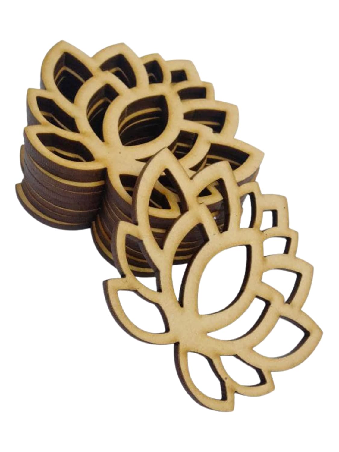 Set of wooden coasters with lotus flower design on a white background