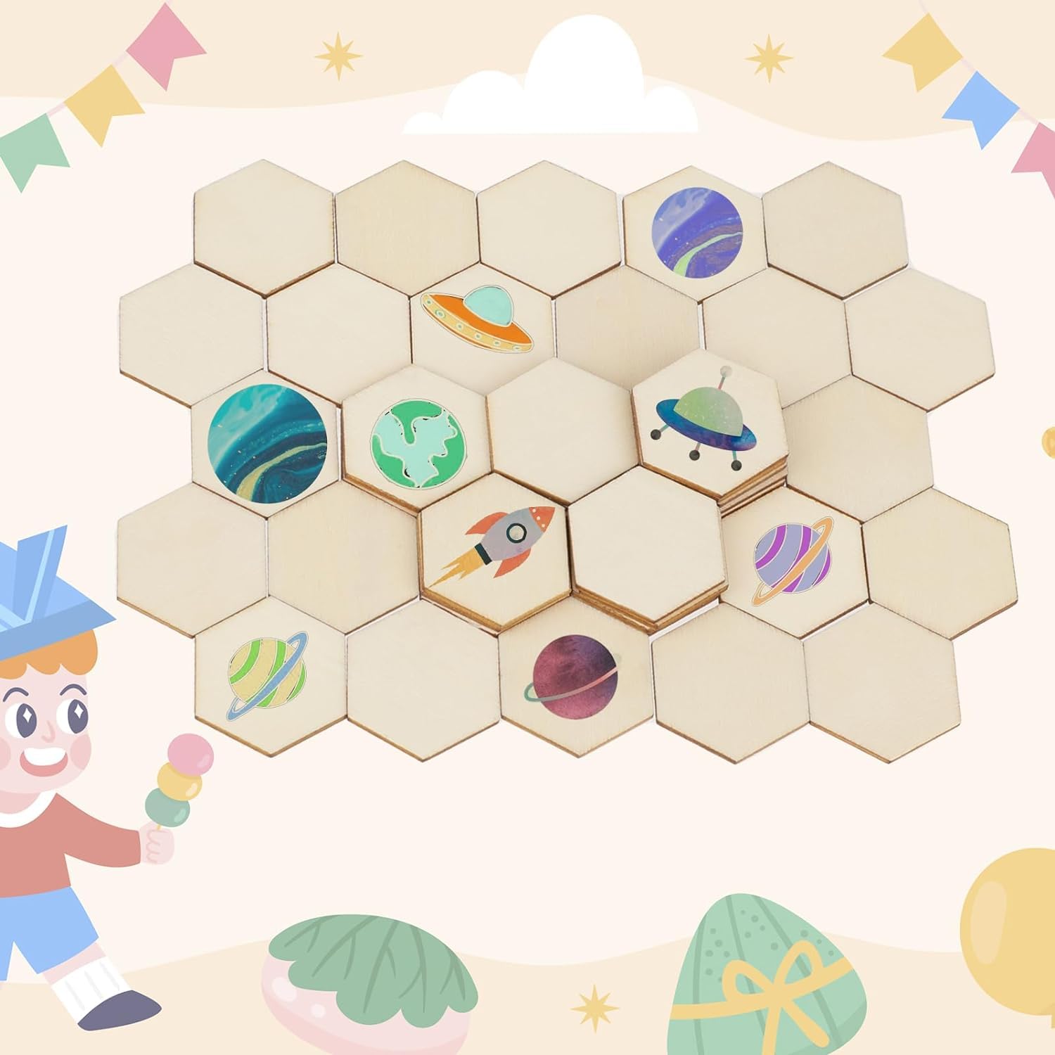 Hexagonal wooden tiles with space-themed illustrations on a colorful background