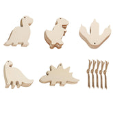 Set of wooden dinosaur shapes with twine on a white background