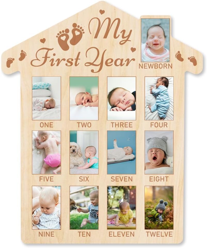 American Elm My First Year Baby Growth Photo Display Wood Board 12 Months Newborn Milestones Picture Frame