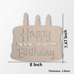 Wooden birthday cake decoration with 'Happy Birthday' text and candles, showing dimensions on a white background.