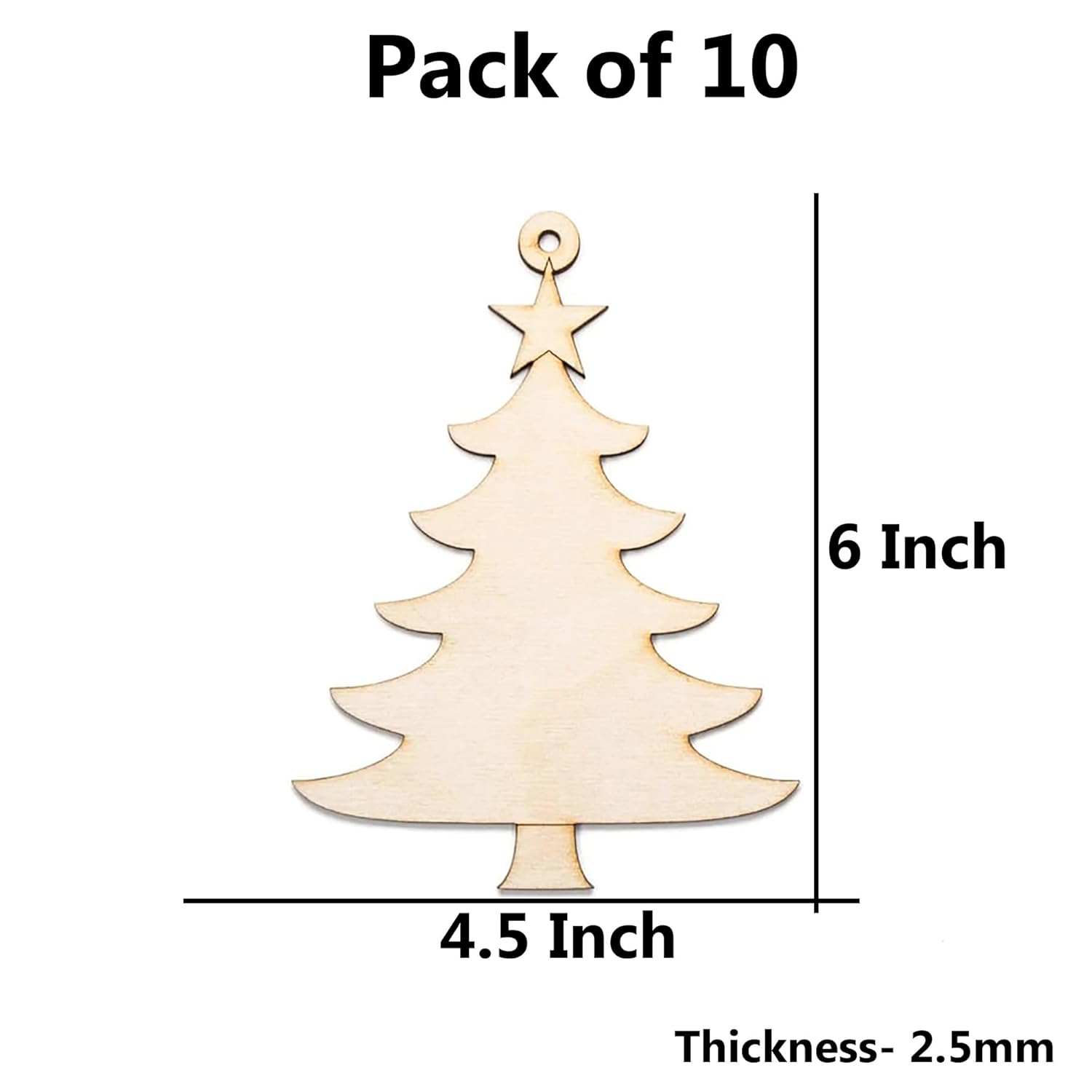 Wooden Christmas tree ornament with measurements on a white background