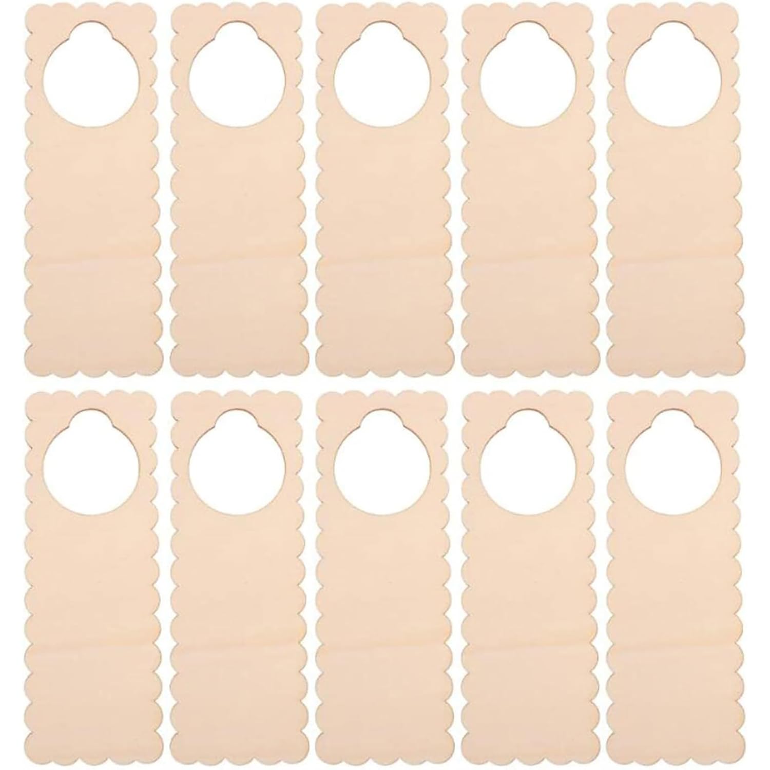 Nine beige fabric strips with scalloped edges on a white background
