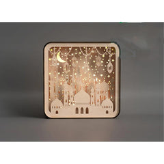Decorative wooden panel with cut-out designs of buildings and stars on a dark background
