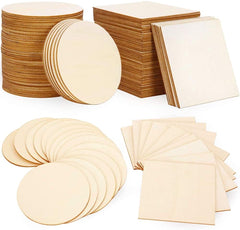 American Elm 100 Pcs Wood Chips Square & Round MDF Blanks for DIY Crafts, Coasters, and Home Decor