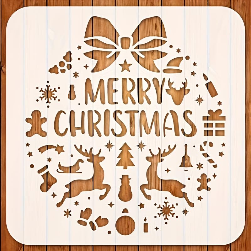 Wooden Christmas-themed stencil with 'Merry Christmas' text on a white background.