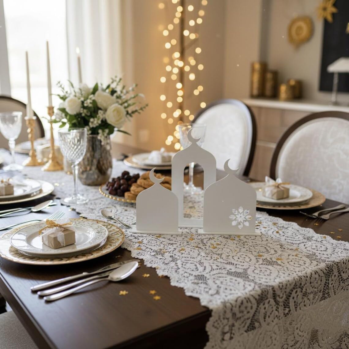 Decorative table setting with white lace runner, candles, and floral arrangements in a warm, softly lit room.