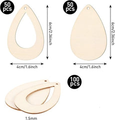 American Elm 100 Pcs Unfinished Wood Teardrop Earring Blanks Hollowed Out Pendants DIY Jewelry Making