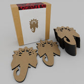 Cardboard elephant cutouts with a branded box on a white background