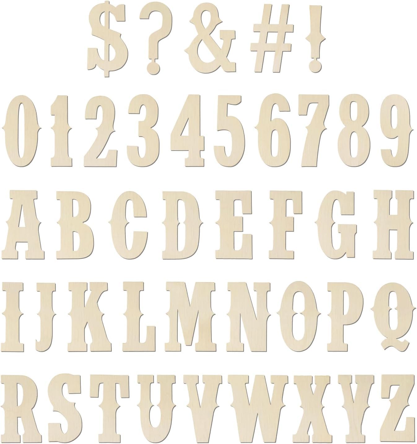 Set of wooden letters and numbers on a white background