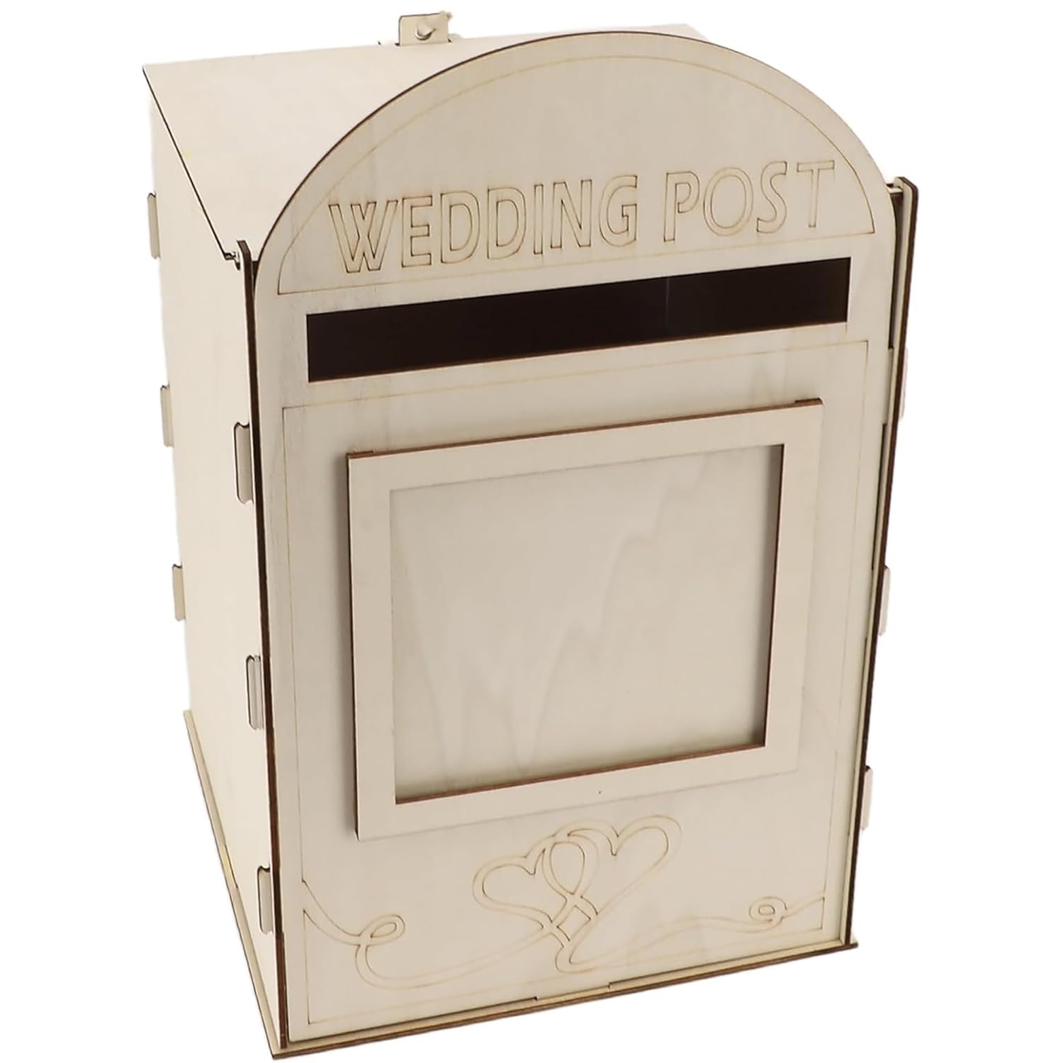 Wooden wedding post box with decorative elements on a white background
