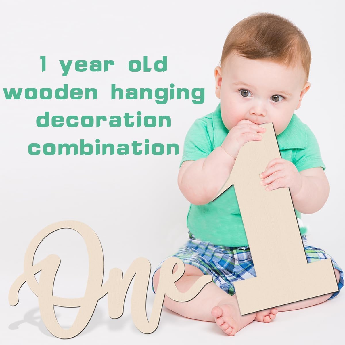 Baby holding a wooden letter 'O' with text about a 1-year-old wooden hanging decoration combination.