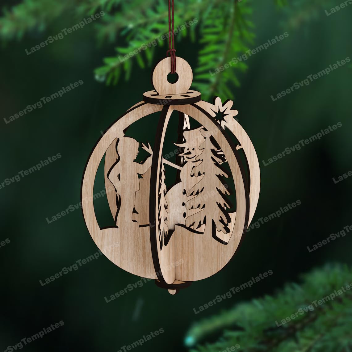 Wooden Christmas ornament with cut-out designs on a green foliage background