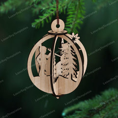 Wooden Christmas ornament with cut-out designs on a green foliage background