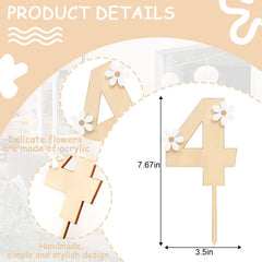 American Elm Wooden Daisy Cake Topper Set of 4 MDF Flower Decor for 4th Birthday, Boho Party