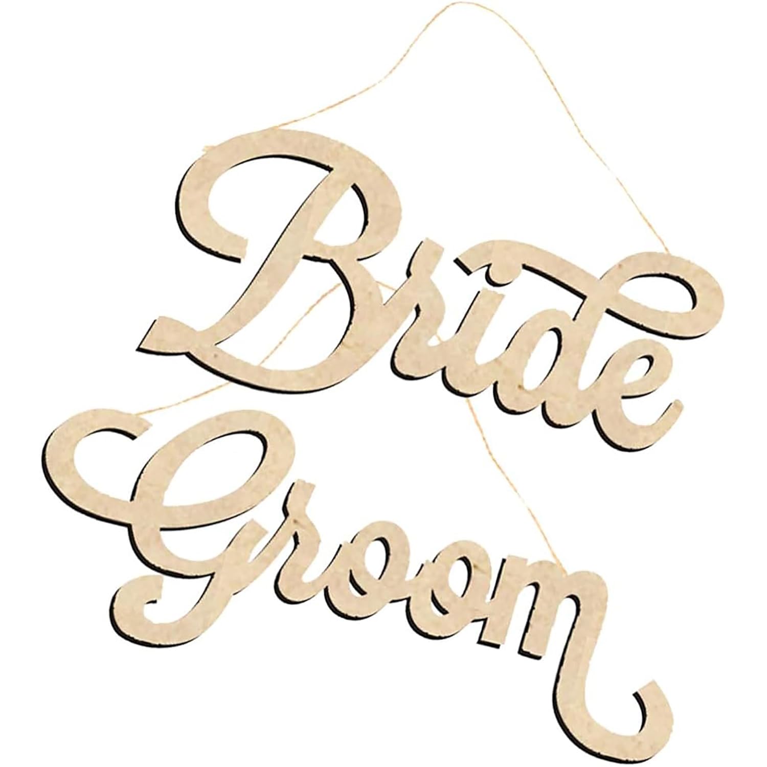 Wooden sign with 'Bride' and 'Groom' text on a white background