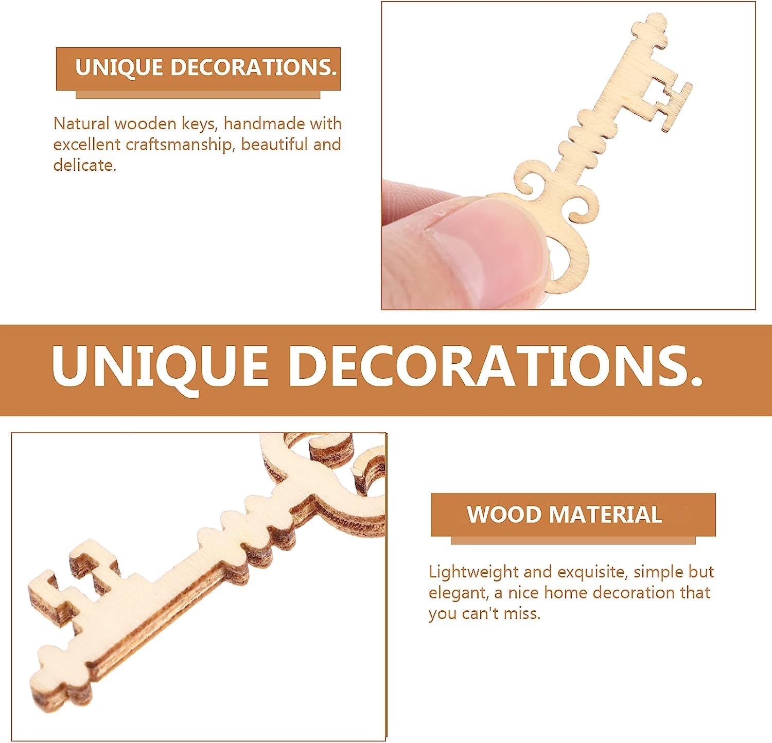 Wooden keys with text describing their unique nature and wood material.