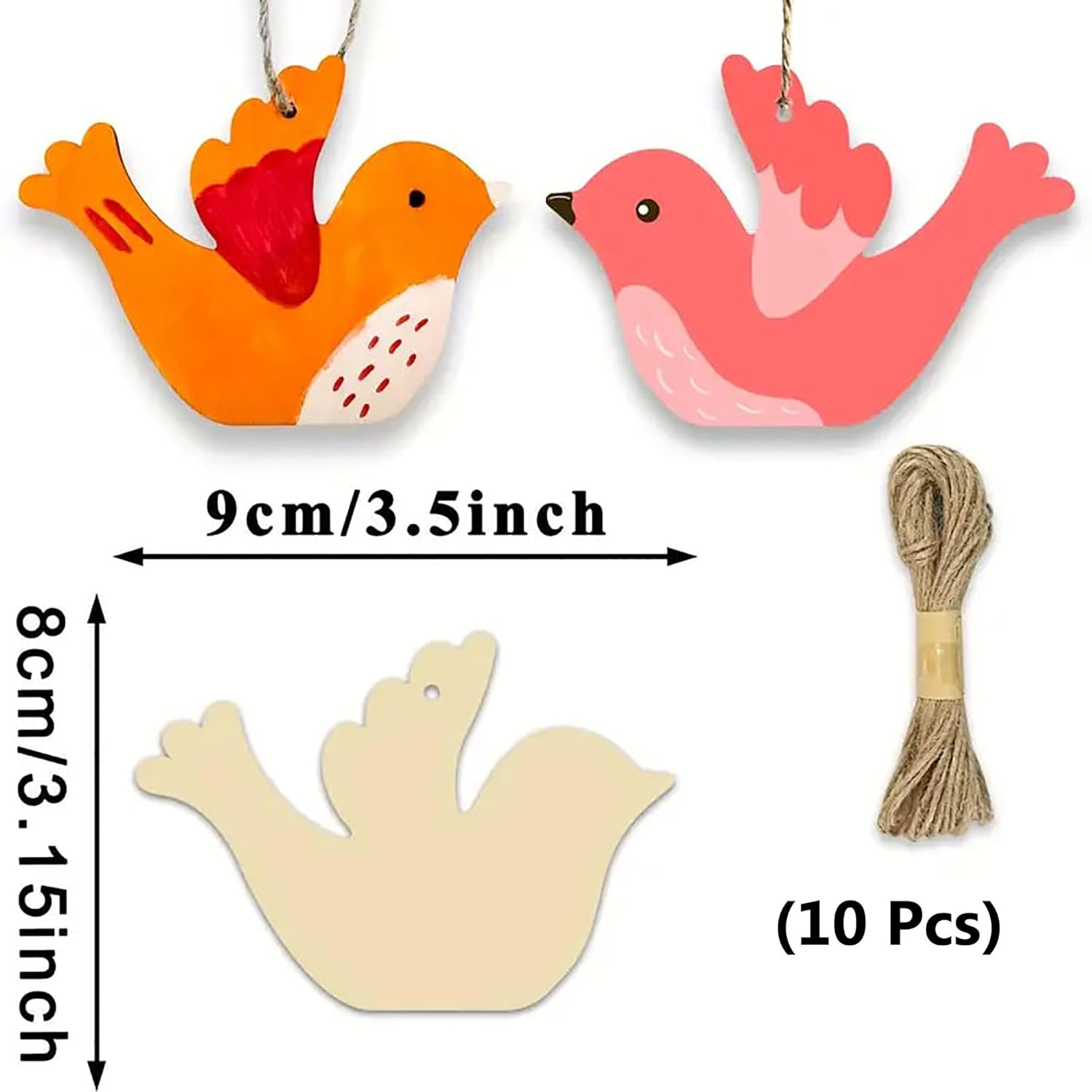 Set of colorful bird-shaped wooden ornaments with measurements and a string.