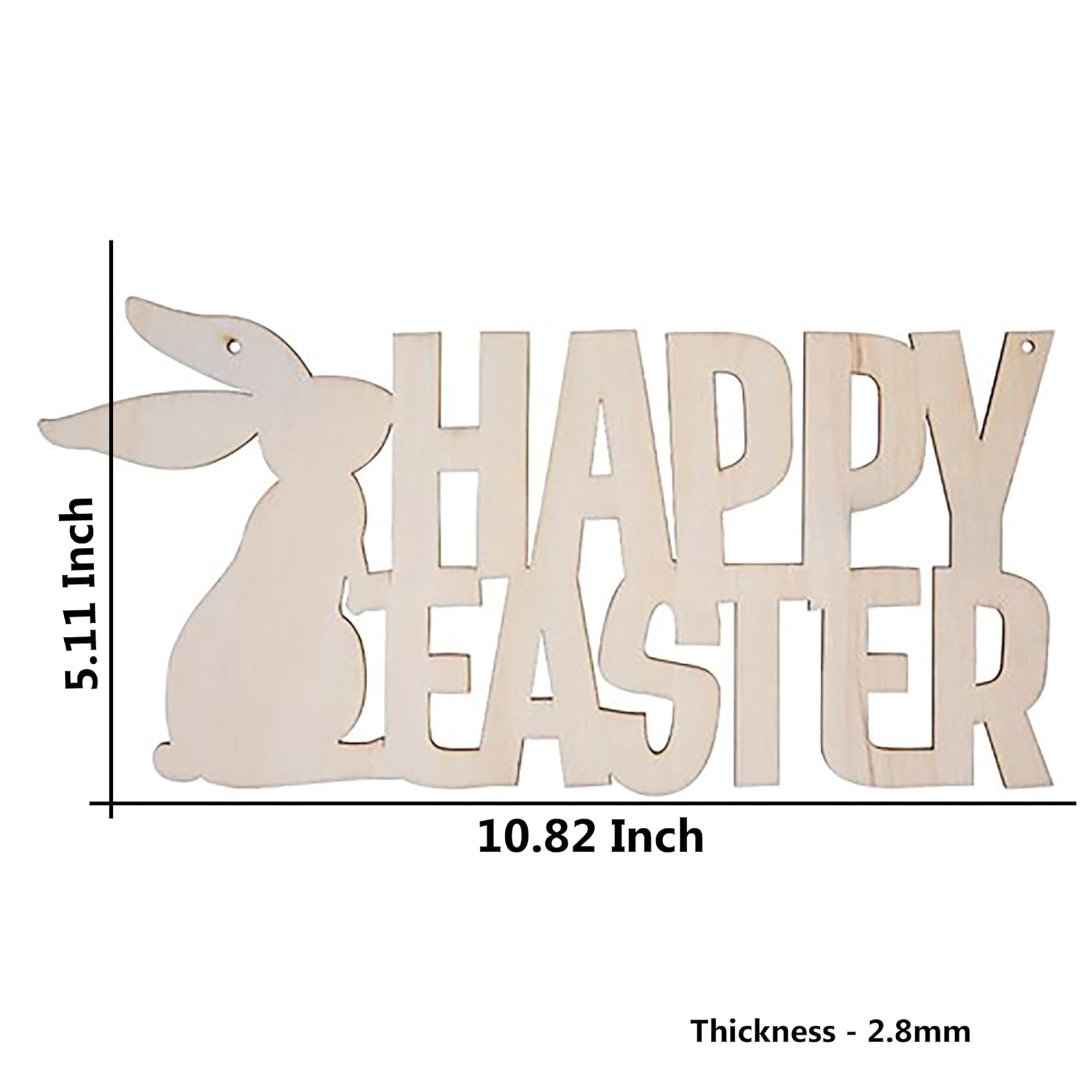 Wooden Easter decoration with 'Happy Easter' text and bunny silhouette, showing measurements.
