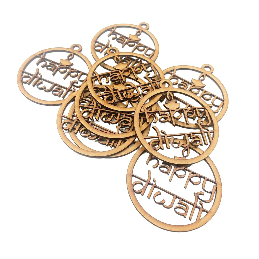Gold 'Happy Diwali' decorative pendants on a white background