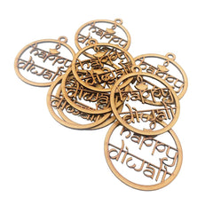Gold 'Happy Diwali' decorative pendants on a white background