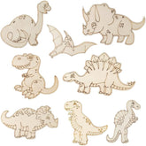 Set of wooden dinosaur toys on a white background