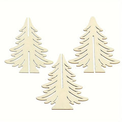 Three wooden Christmas tree cutouts on a white background