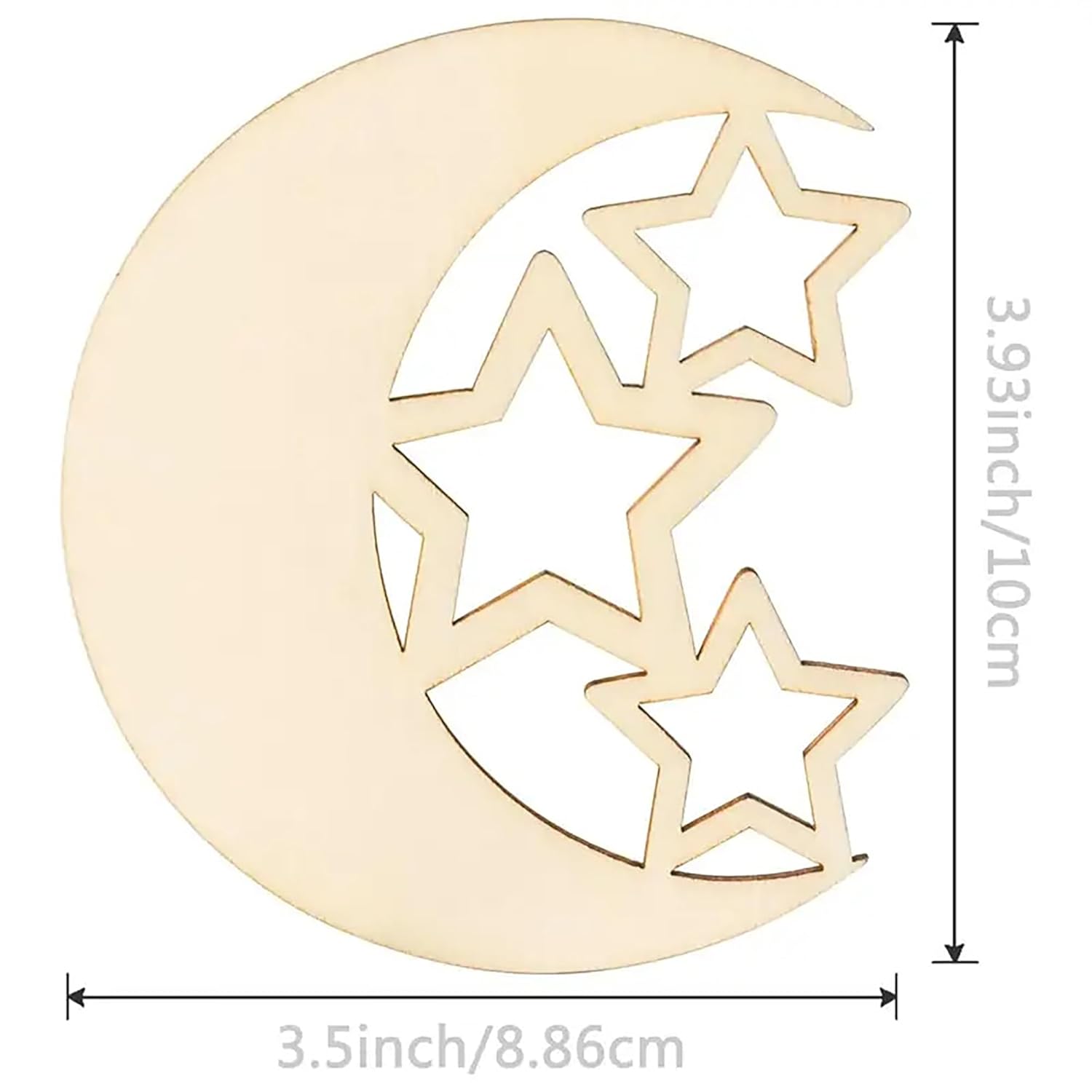 Wooden cutout of a moon and stars with dimensions on a white background