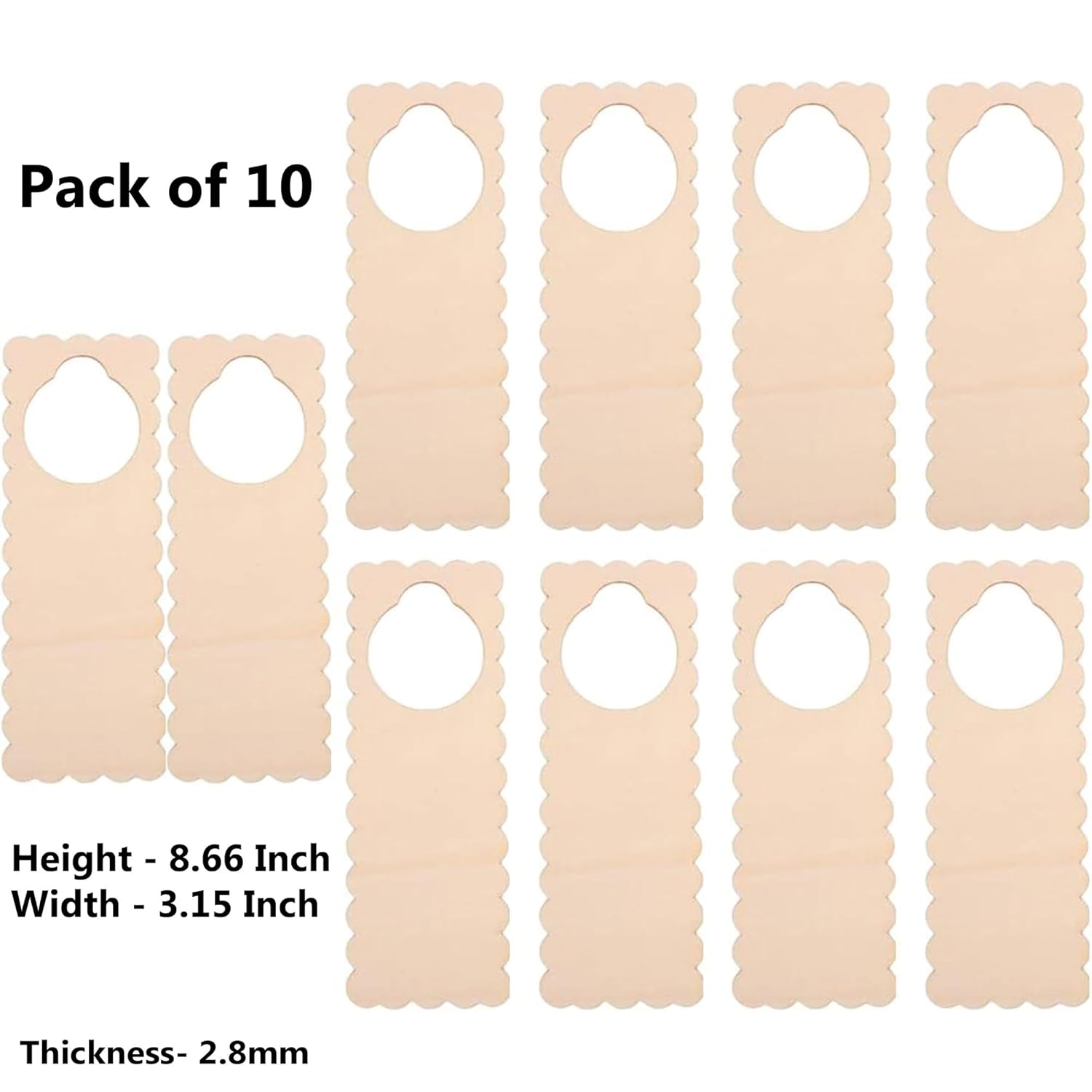 Pack of 10 beige rectangular plastic shims with scalloped edges on a white background.