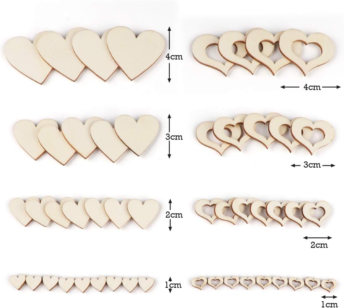 Set of wooden heart shapes with measurements on a white background