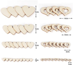Set of wooden heart shapes with measurements on a white background