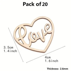 Heart-shaped wooden cutout with 'love' text, dimensions, and pack quantity on a white background