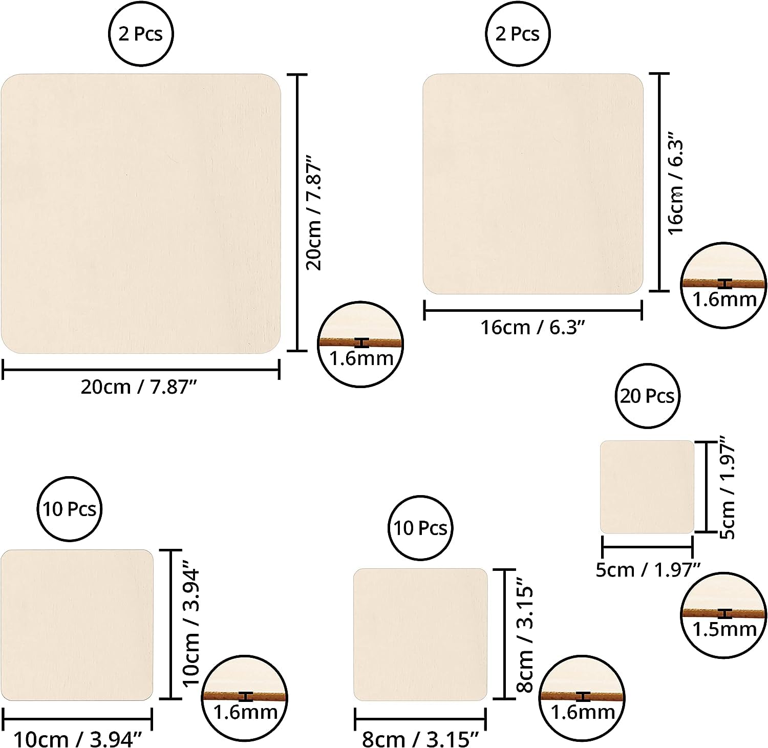 Measurement chart of beige square cushions with dimensions and quantities.