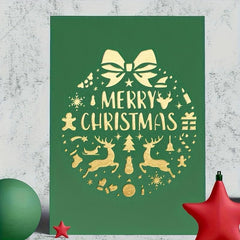Green poster with gold 'Merry Christmas' design on a textured wall background